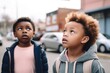 shot of two children looking confused while standing outside