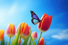 Colorful Butterfly On Tulip Flower Against Blue Sky