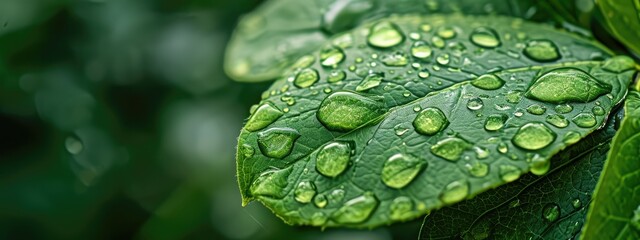 Generative AI, macro texture of green leaf with water drops, green foliage texture, ecology background	
