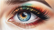 painted eye, watercolor, close-up, with multicolored shadows, blue pupil with brown