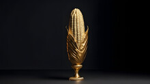 Gold Figure Of Corn On Black Isolated Background. Corn As A Dish Of Thanksgiving For The Harvest.