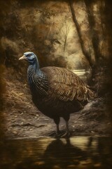 Wall Mural - Image of a turkey in the woods standing by a stream of water. Turkey as the main dish of thanksgiving for the harvest.
