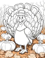 Wall Mural - Black and White coloring book funny cartoon turkey with hat around leaves and pumpkins. Turkey as the main dish of thanksgiving for the harvest.