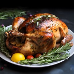 Wall Mural - Roast turkey on a white plate garnished with rosemary lemon. Turkey as the main dish of thanksgiving for the harvest.
