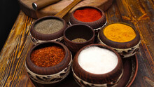 Spices And Ingredients In Clay Bowls