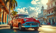 Vintage red classic car cruising on a sunny street in Havana with historical architecture and tropical vibes, capturing the essence of old Cuba
