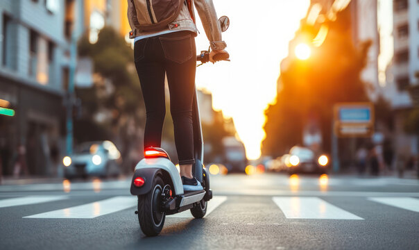 person commuting on an eco-friendly electric scooter on a sunny urban city street, showcasing sustai