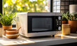Modern microwave oven on kitchen countertop with digital display showing time, surrounded by warm morning sunlight and homey kitchenware