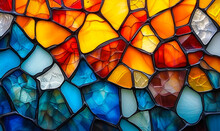 Colorful Abstract Stained Glass Pattern With A Vibrant Mosaic Of Interconnected Shapes In Varying Shades Of Blue, Orange, And Yellow