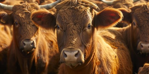 Poster - A herd of brown cows standing closely next to each other. Suitable for agricultural or farm-related projects