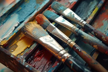 Aufkleber - Paint brushes neatly arranged in a wooden box. Ideal for art and craft projects