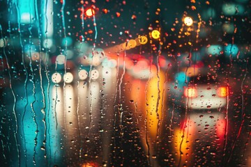 Poster - A rainy window provides a view of a cityscape. This image can be used to depict urban life during a rainy day