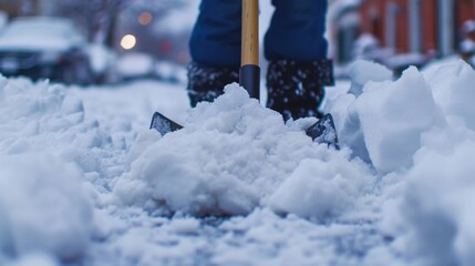 Wall Mural - A person is shown shoveling snow with a snow shovel. This image can be used to depict winter activities or snow removal tasks