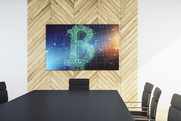 Poster - Creative Bitcoin concept on tv display in a modern presentation room. 3D Rendering