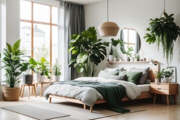 Wall Mural - Nordic interior home design of modern bedroom with wooden bedroom and gray mattress with green ornamental plants