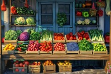 A Picture Showing A Colorful Fruit And Vegetable Stand Positioned In Front Of A Charming Blue Door. This Image Can Be Used To Showcase Fresh Produce, Local Markets, Or The Concept Of Healthy Eating