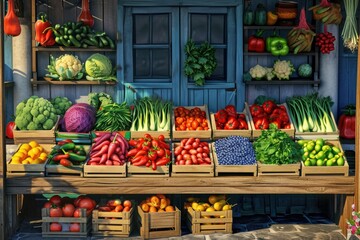 a picture showing a colorful fruit and vegetable stand positioned in front of a charming blue door. 