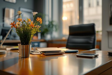 Aufkleber - A desk with a vase of flowers and a cell phone. Suitable for office or home decor