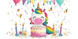 Cute unicorn cake for a birthday party for a child, balloons, festive mood, wallpaper, background, card.
