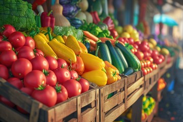 Poster - A vibrant display of various vegetables at a bustling market. Perfect for food and agriculture-related projects