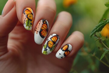 Poster - A person showcasing their nails with a butterfly design. Suitable for beauty and fashion-related projects