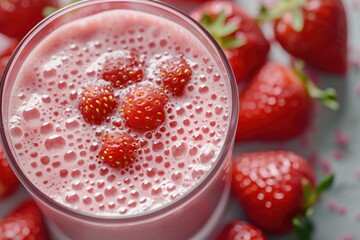 Aufkleber - A close-up view of a glass of a refreshing drink with strawberries. Perfect for use in food and beverage related projects