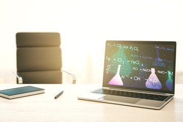 Poster - Creative chemistry hologram on modern laptop monitor, pharmaceutical research concept. 3D Rendering