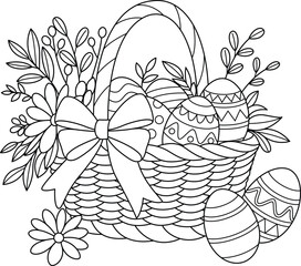 Wall Mural - Easter wicker basket with a bow, flowers and painted eggs coloring book page