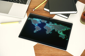 Poster - Top view of modern digital tablet display with abstract graphic world map, big data and networking concept. 3D Rendering