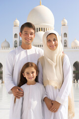 Wall Mural - Ramadan Kareem greeting. Muslim parents and children pray. Mother, father and kid celebrate end of fasting.