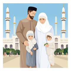 Wall Mural - Eid al Adha Mubarak greeting card with happy Islamic family on mosque background. Traditional Muslim holiday.