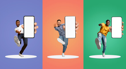 Poster - Funny Multiethnic Guys Showing Big Blank Smartphones At Camera