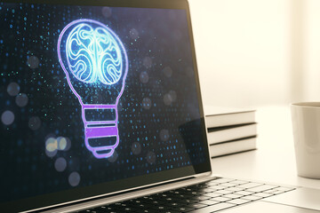 Aufkleber - Creative light bulb with human brain hologram on modern laptop monitor, artificial Intelligence and neural networks concept. 3D Rendering