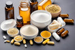 Various dietary supplements for health and beauty, like collagen, vitamins, biotin, and protein, in pill and powder forms