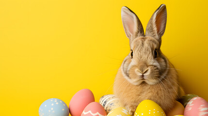 Wall Mural - Colorful Easter Eggs with Bunny on Bright Yellow Background	
