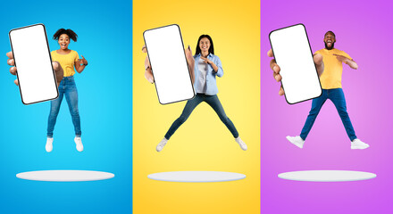 Poster - Excited Multiethnic People Pointing At Big Blank Smartphones In Their Hands