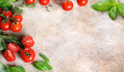 Wall Mural - food background with cherry tomatoes and fresh basil