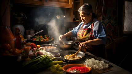 A warm scene with a Latin American grandmother preparing authentic dishes in a cozy, cluttered kitchen, illuminated by dim lighting. Atmospheric and rich in cultural heritage