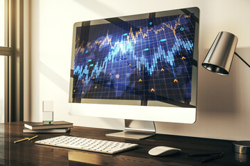 Aufkleber - Modern computer monitor with abstract creative financial chart with world map, research and strategy concept. 3D Rendering