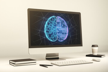 Poster - Modern computer monitor with creative artificial Intelligence symbol. Neural networks and machine learning concept. 3D Rendering