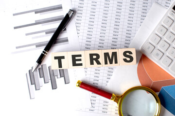 Poster - TERMS text on wooden block on graph background with pen and magnifier