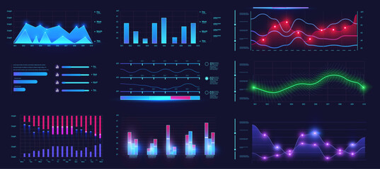 Fototapete - Modern infographic template with statistics finance charts. Dashboard business presentation charts, finance performance and market analysis infographics. Economy data graph, crypto currency prices bar