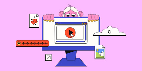 Fototapete - Trendy vector illustration with computer and user interface. Cute girl looking out and watching video. Contemporary neobrutalism style.