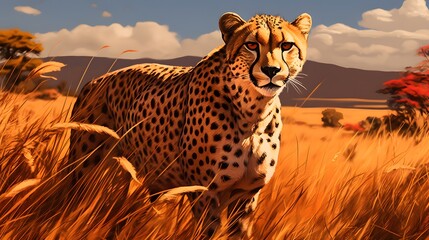 Cheetah stalking fro prey on savanna, digital art