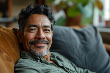 Portrait of happy mid adult man sitting on sofa at home. Handsome latin man in casual relaxing on couch and smiling. Cheerful indian guy looking at camera.