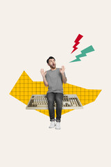 Poster - Vertical composite creative collage photo illustration of astonished man sit on computer keyboard isolated on white color background
