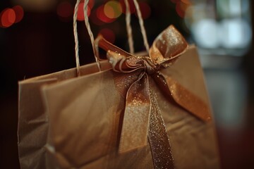 Aufkleber - A simple brown paper bag with a brown bow. Perfect for gift wrapping or packaging.