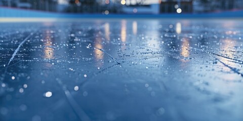Poster - A close up view of a wet surface with a building in the background. This image can be used to depict a rainy day or to symbolize urban life