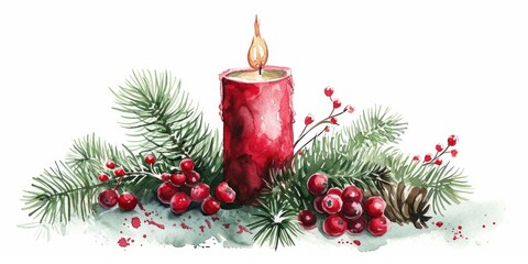 Aufkleber - A watercolor painting of a red candle surrounded by pine cones and berries. Perfect for holiday decorations and festive themes