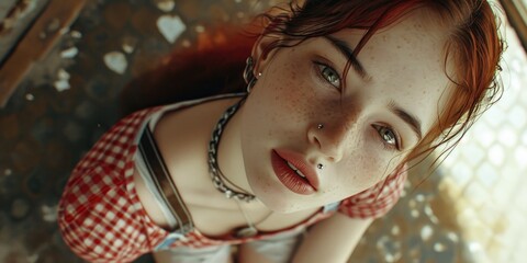 Aufkleber - A woman with red hair wearing a red and white checkered top. Versatile image suitable for various uses